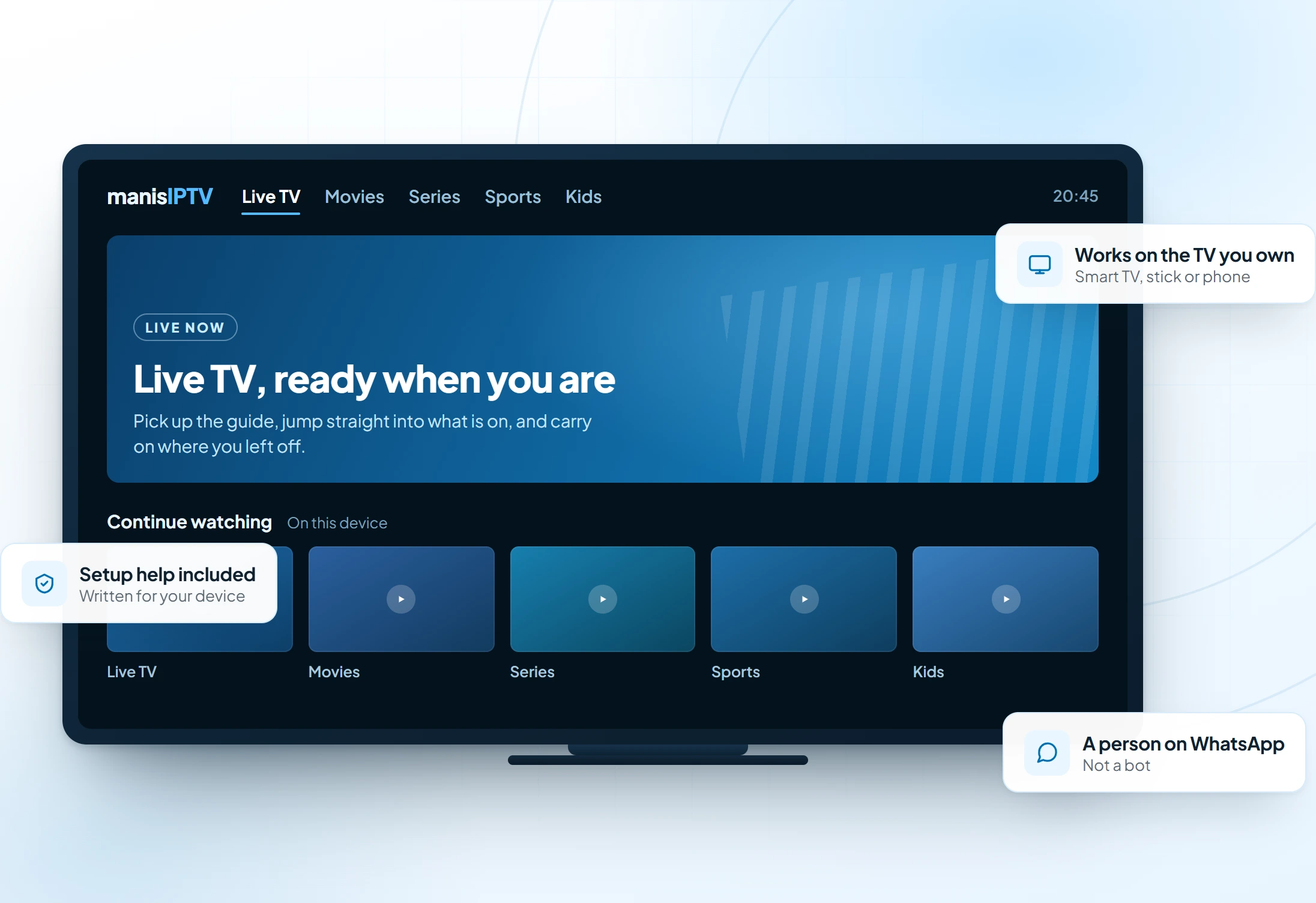 The ManisIPTV app running on a television: a Live TV panel above rows for Movies, Series, Sports and Kids, with a set-top box and remote on the unit below.