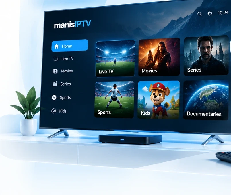 The ManisIPTV app on a television: a home screen listing Live TV, Movies, Series, Sports, Kids and Documentaries, with a set-top box and remote on the unit below.